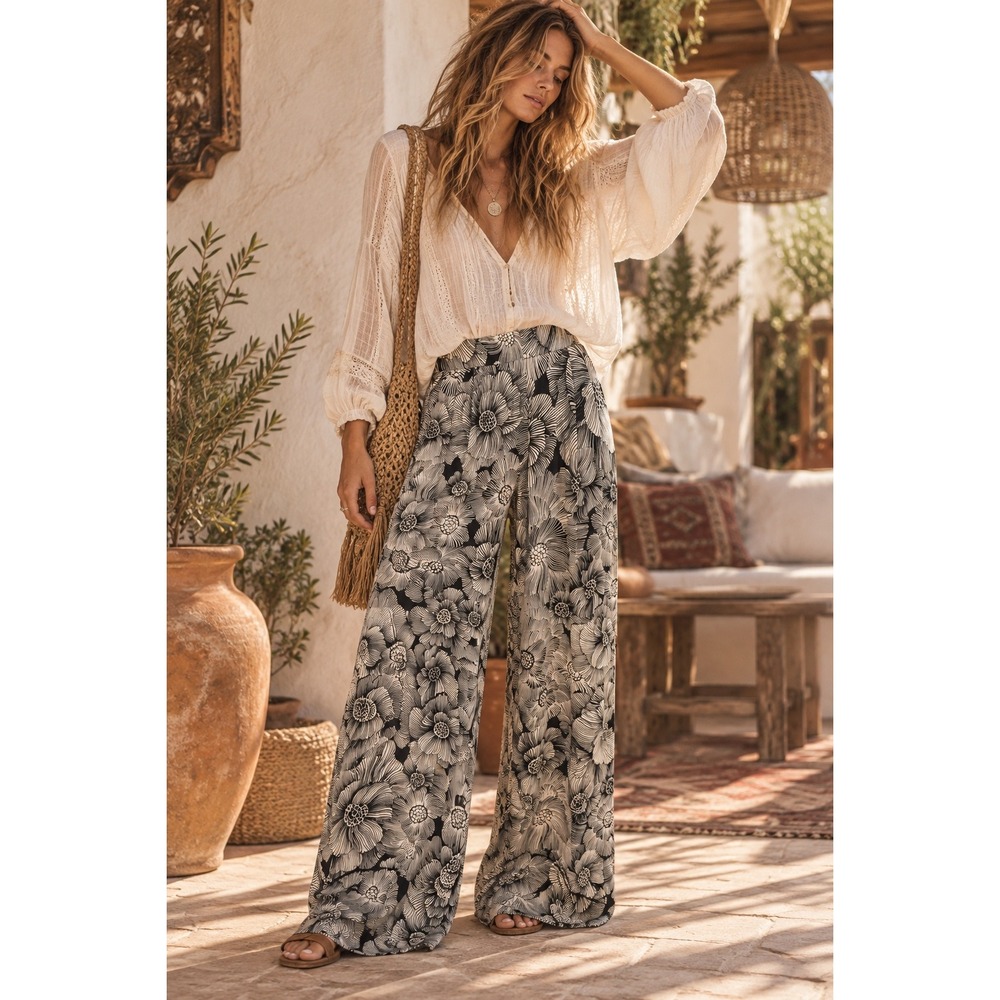 Express Conscious Edit Stylist Wide Leg Floral Pants Black White 4L Super High